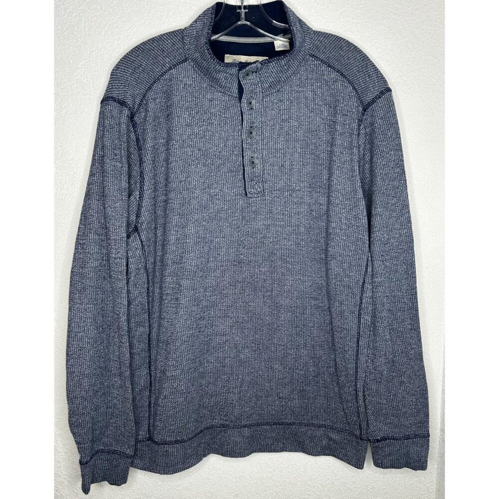 Tommy Bahama Sweater Mens Large Blue Waffle Knit Thermal Mock Neck Henley Cotton
